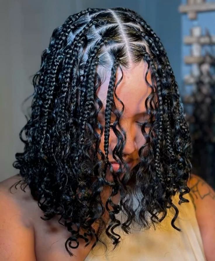 Boho bob knotless braids with curly pieces framing the face, Baltimore MD