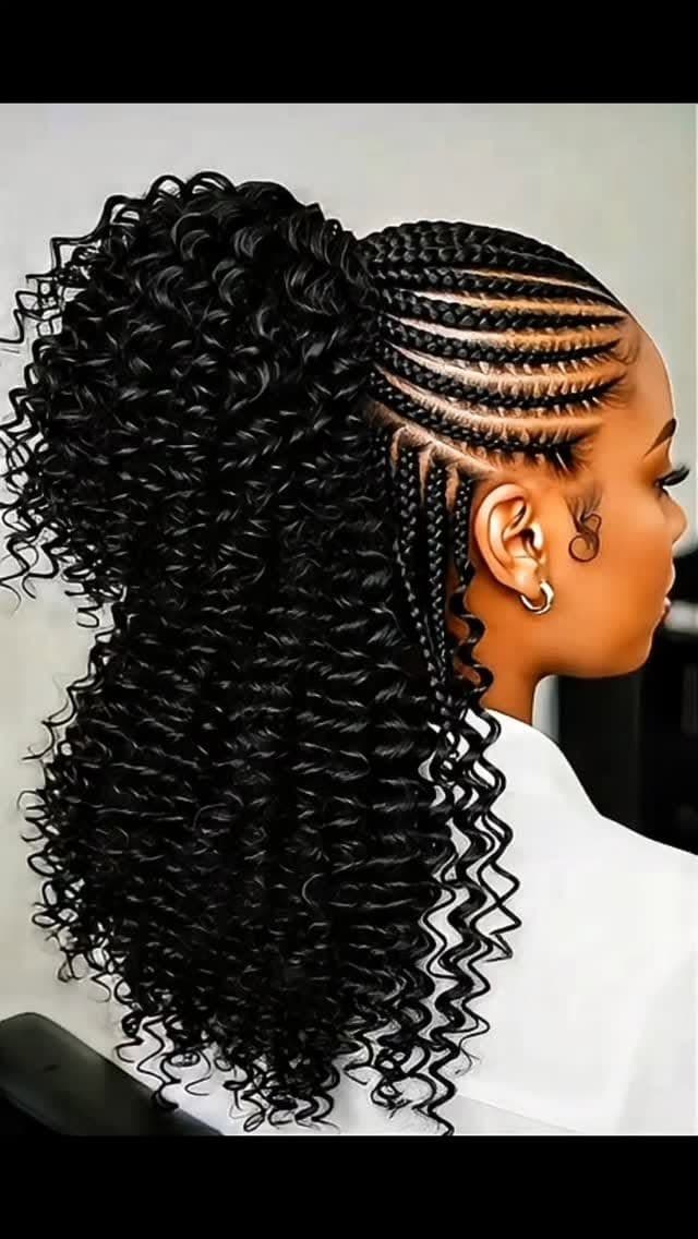 Cornrows leading into a curly high ponytail, styled in Baltimore MD