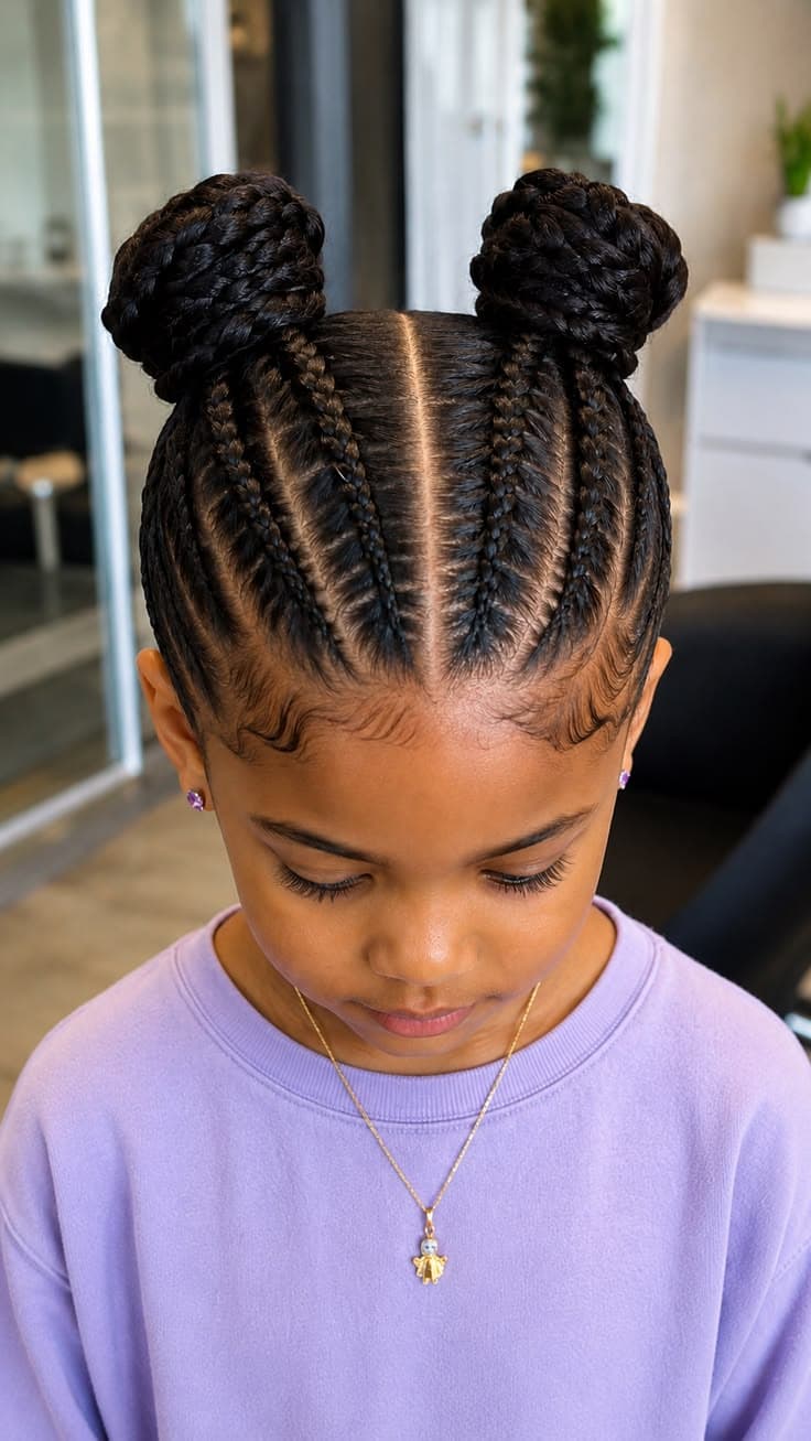 Cute double puff braids styled for a young client in Baltimore MD