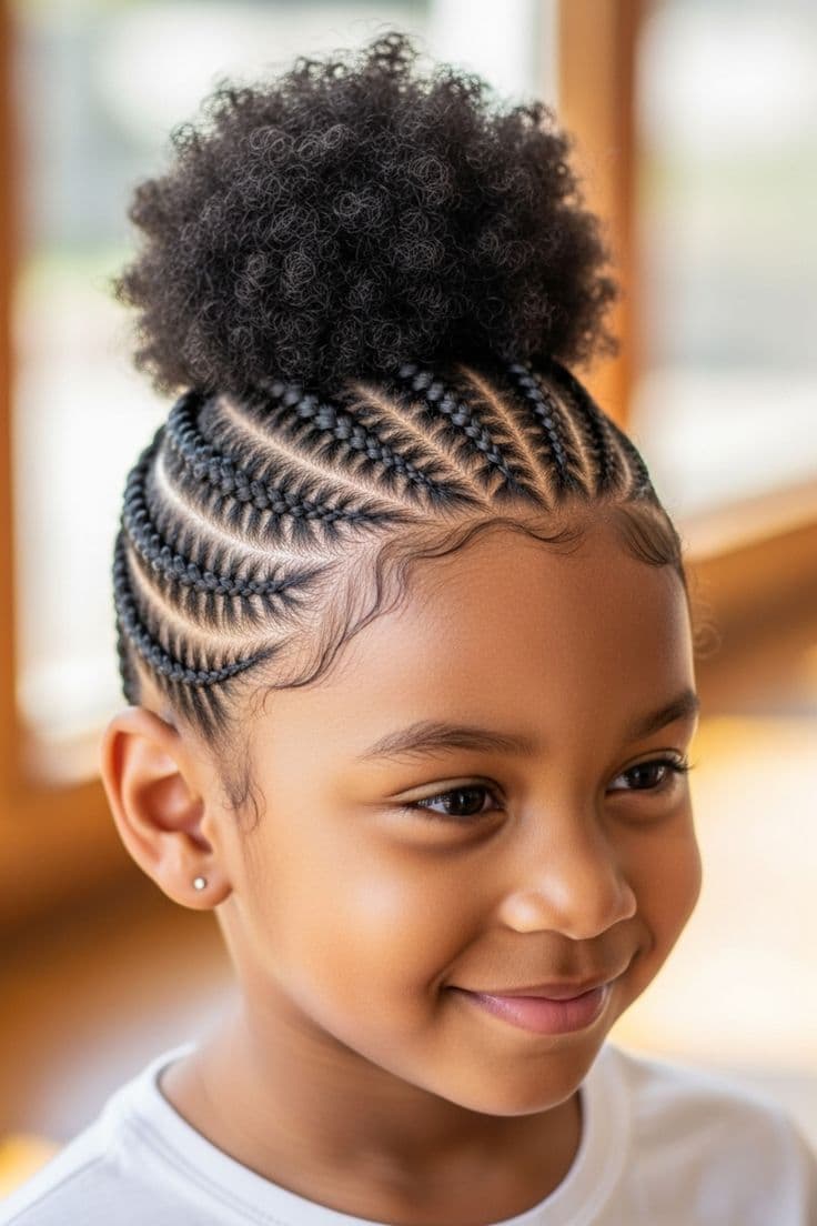 Braided puff cornrows styled for a young client in Baltimore MD