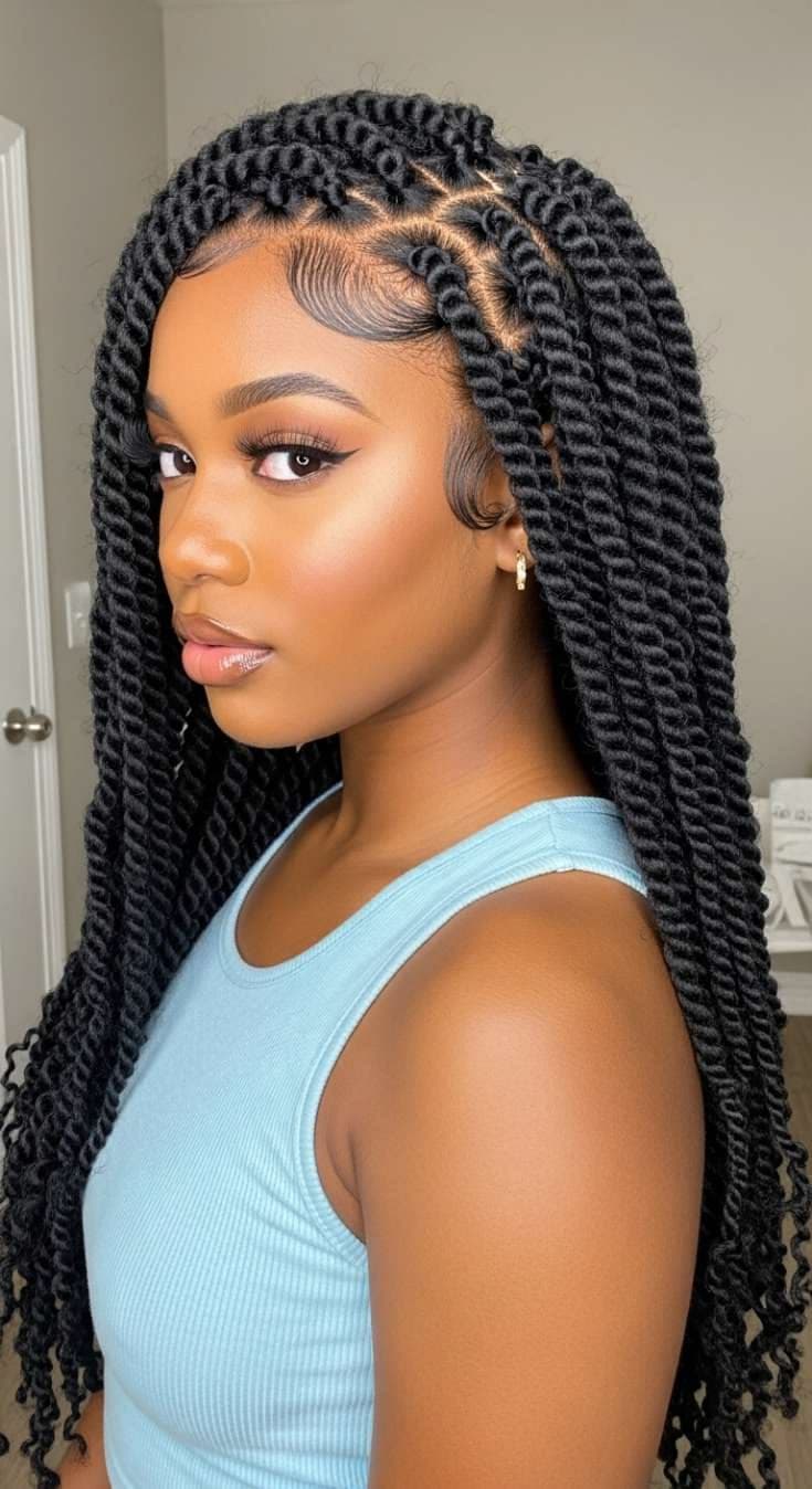Long protective twists with curly ends, styled in Baltimore MD